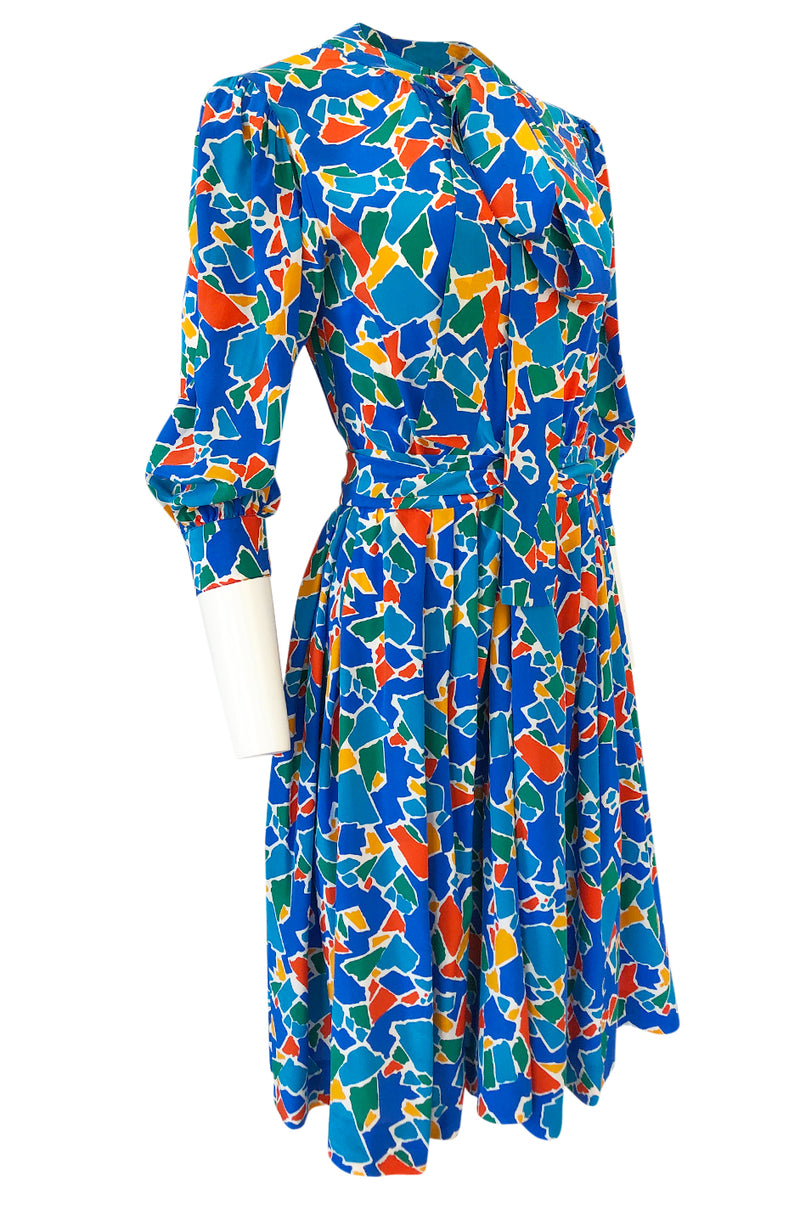 Spring 1983 Yves Saint Laurent Silk Multi Color Print on Blue Dress