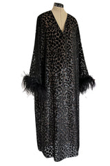 Gorgeous 1990s Valentino Intimo Black Metallic Voided Velvet Feather Cuff Caftan Dress