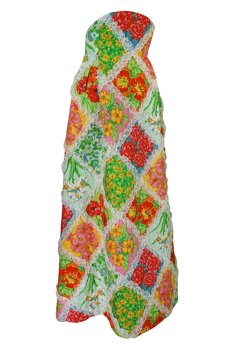 c.1964-69 Arnold Scaasi Couture Floral Patchwork & Lace Corset Skirt