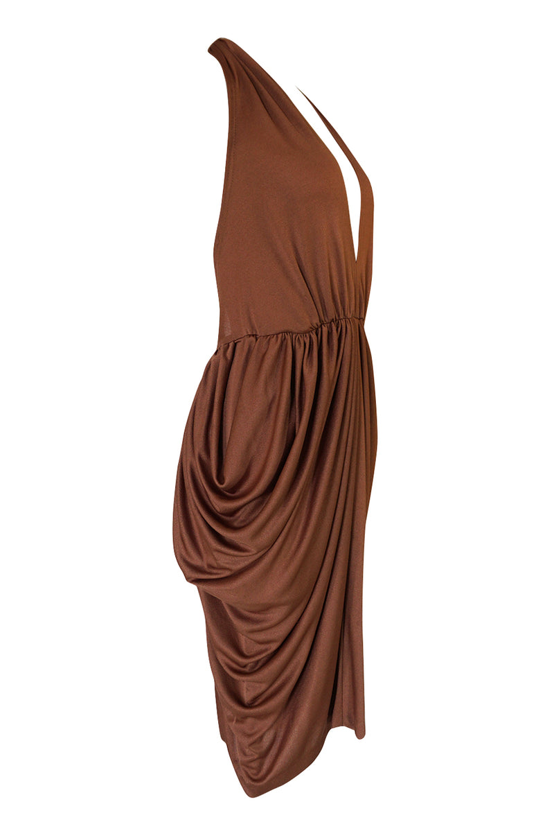 1970s Plunge Front Backless Halter Gathered Sides Jersey Dress