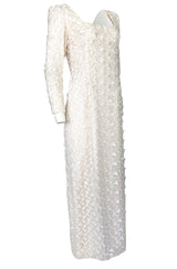 1970s Stavropoulos White Applique & Ivory Net Full Length Sheath Dress