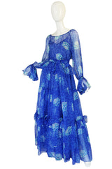 1970s Blue Tiered Floral Silk Chiffon Oscar de la Renta Dress