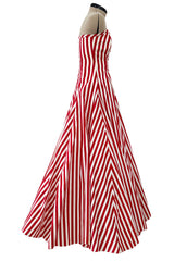 Spectacular 1930s Unlabeled Red & White Striped Cotton Strapless Sweetheart Dress