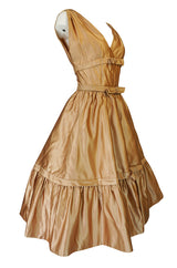 c.1957 Christian Dior Demi-Couture Gold Bow Detailed Silk Dress