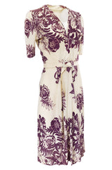1940s Unlabeled Purple Floral Print Stretch Rayon Jersey Ivory Dress