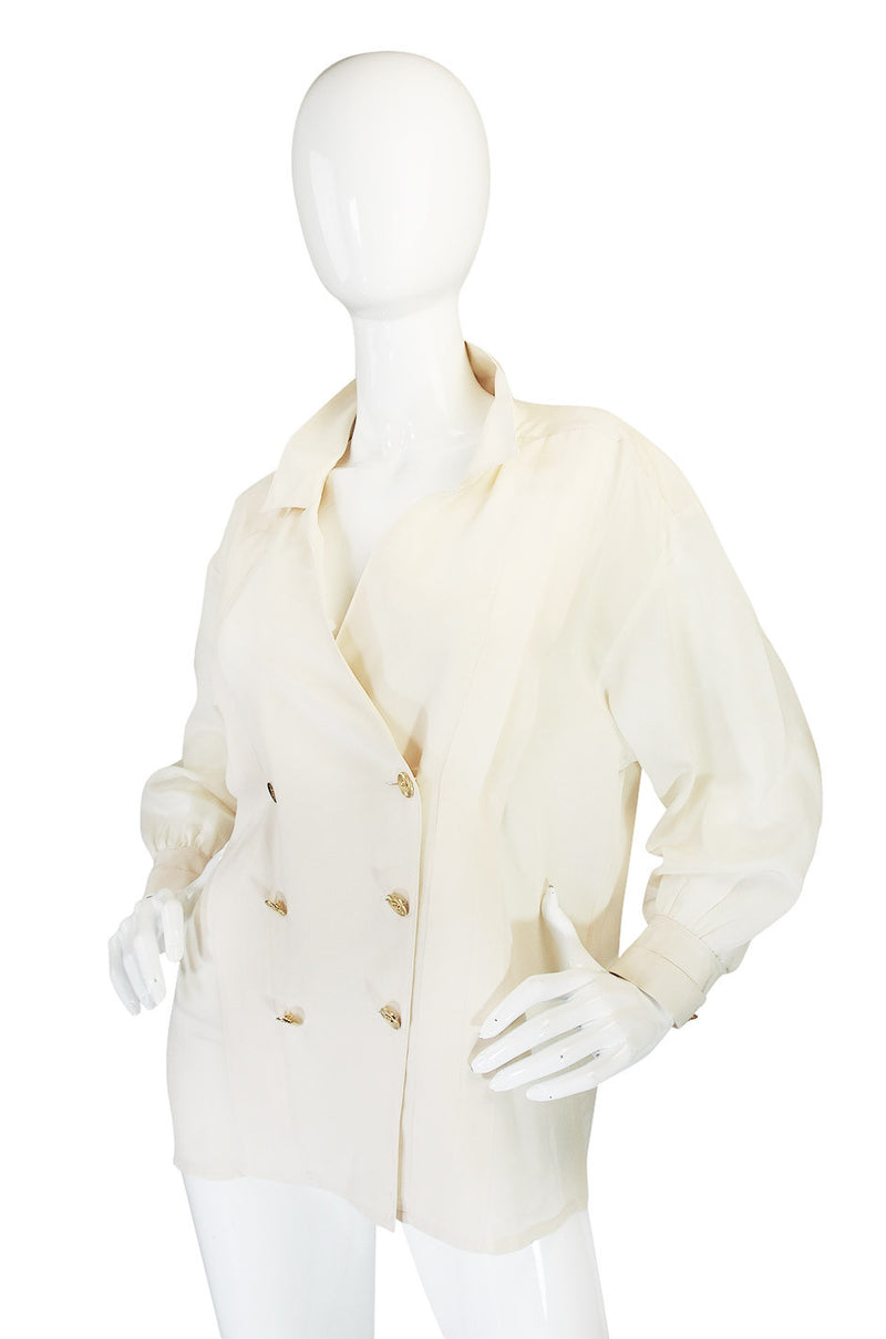 1980s Classic Cream Silk Chanel Gold Button Top