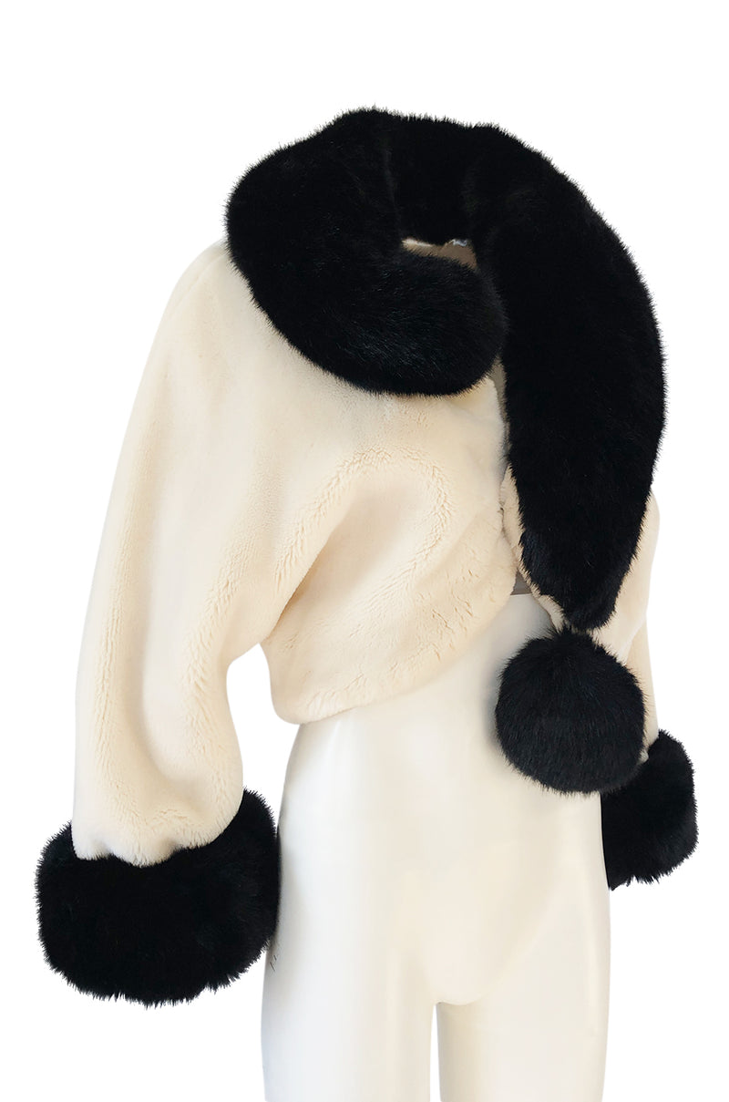 1994 Franco Moschino Ivory & Black Question Mark Faux Fur Cropped Jacket