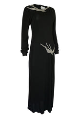 1970s John Anthony Demi-Couture Black Silk Jersey Dress w Hand Beaded Birds