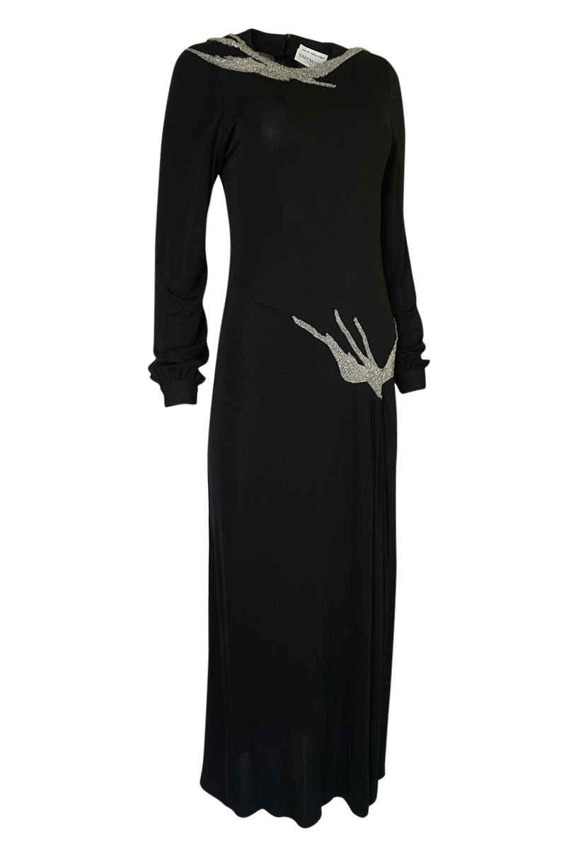 1970s John Anthony Demi-Couture Black Silk Jersey Dress w Hand Beaded Birds