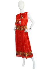 1970s Alberto Fabiani Open Slit Coral Silk Print Dress