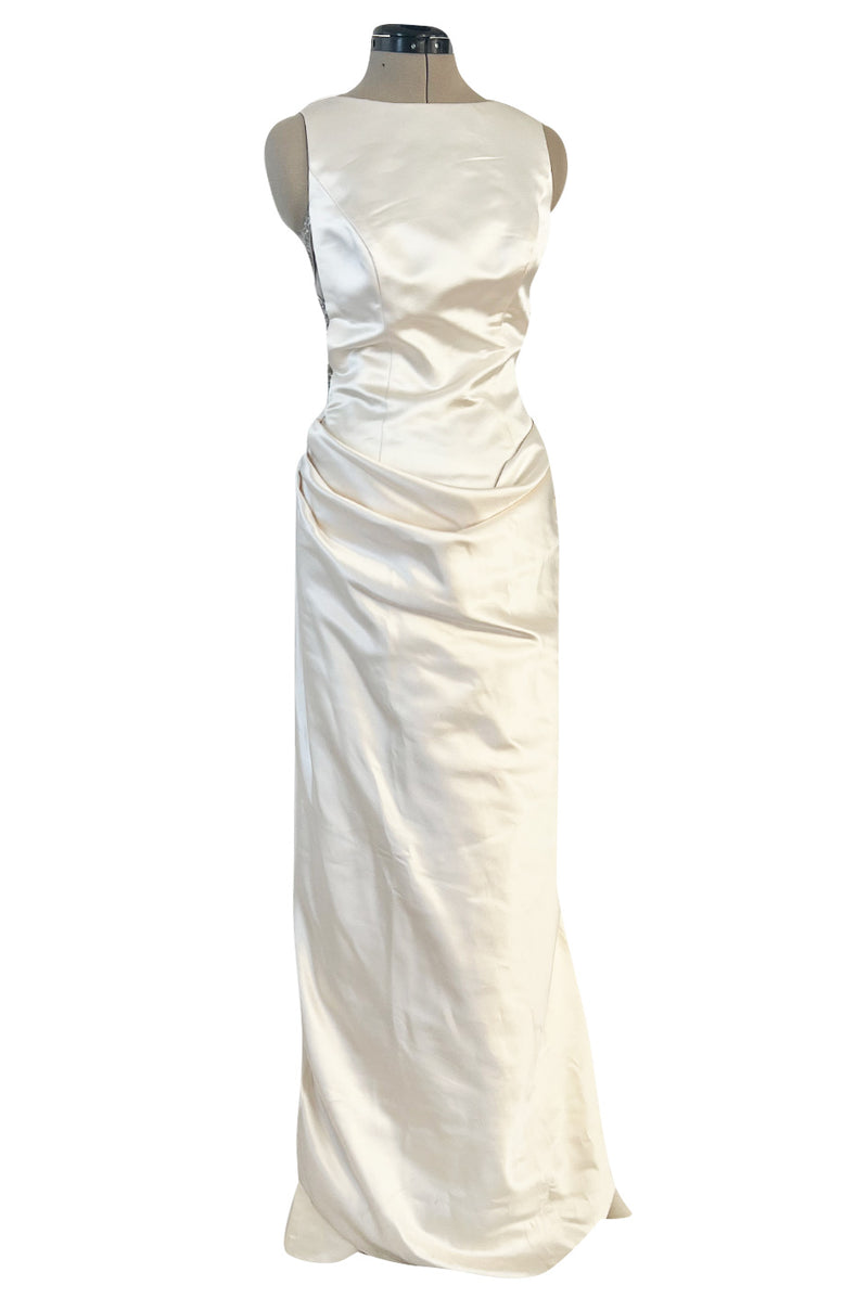 2000s Oleg Cassini Couture Ivory Silk Satin Wedding Dress w Open Beade Shrimpton Couture 2000s Oleg Cassini Couture Ivory Silk Satin Wedding Dress w Open Beade Shrimpton Couture