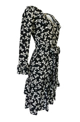 S/S 1987 Yves Saint Laurent Bow Print Silk Ruffle Dress