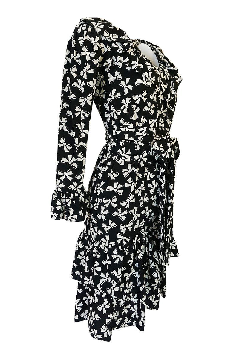 S/S 1987 Yves Saint Laurent Bow Print Silk Ruffle Dress