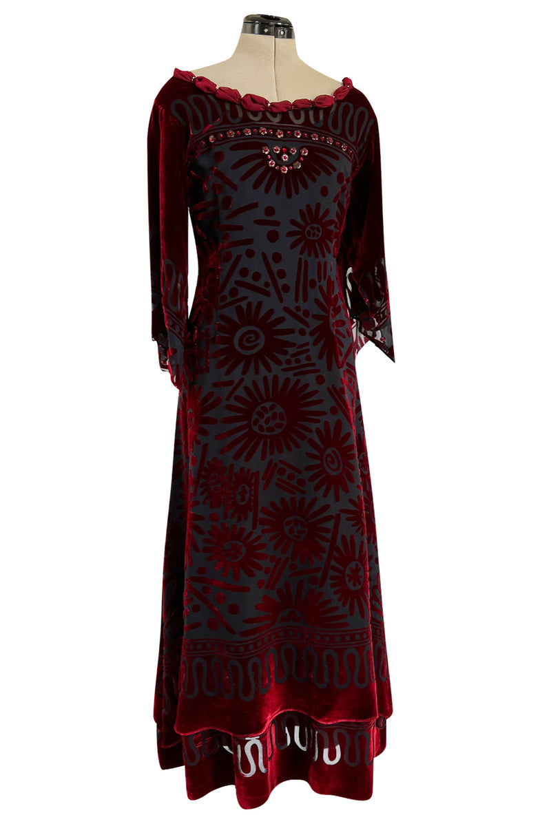 Gorgeous 1980s Zandra Rhodes Deep Red Cut Velvet Caftan Dress w Beaded Detailing