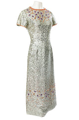 1960s Gene Shelley Pale Ice Blue Silk Dress w Silver Sequins & Beads