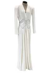 Gorgeous 1930s Off White Moss Crepe Dress w Hand Beaded 'Belt' Detailing
