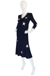 1970s Deep Navy Blue & White Star Print Adolfo Knit Dress