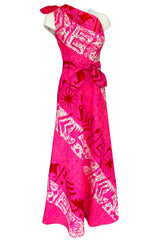 1960s B.Cohen One Shoulder Vibrant Pink Printed Barkcloth Hawaiian Dress