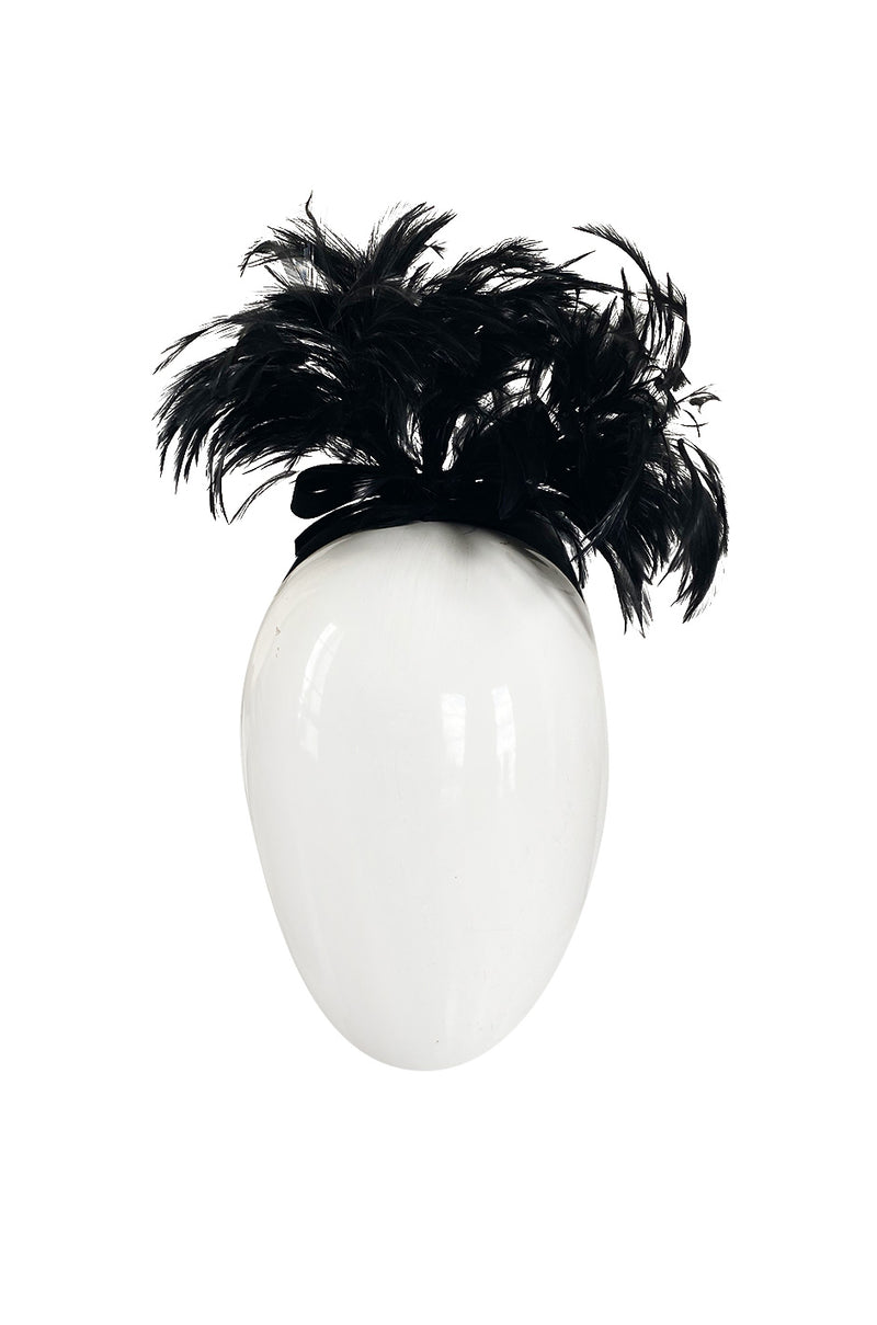 Documented Fall 1996 Chanel Black Felt Half Cap w High Feather Detailing