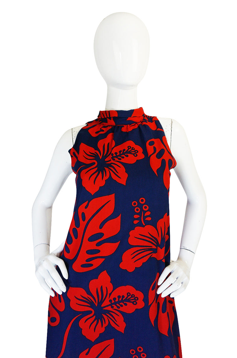 1960s Red & Blue Cotton Hawaiian Maxi Dress