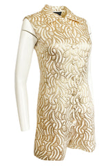 1970s Lanvin Metallic Gold Lame & Ivory One Piece Playsuit Jumpsuit