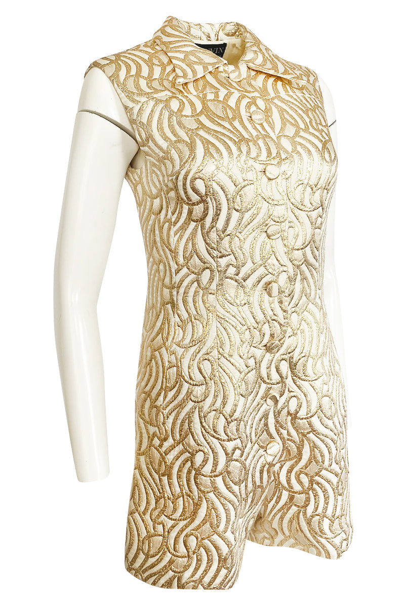 1970s Lanvin Metallic Gold Lame & Ivory One Piece Playsuit Jumpsuit