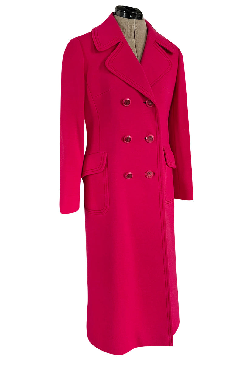 Gorgeous 1970s Unlabeled Top Stitched Knit Jersey Coat in a Bright Joyful Raspberry Coral Colour