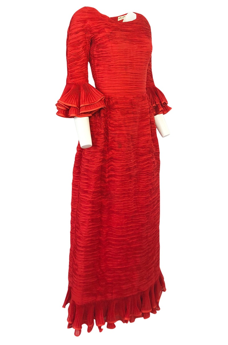 1960s Sybil Connolly Couture 'Non Chalance' Red Ruffled Pleated Linen Dress