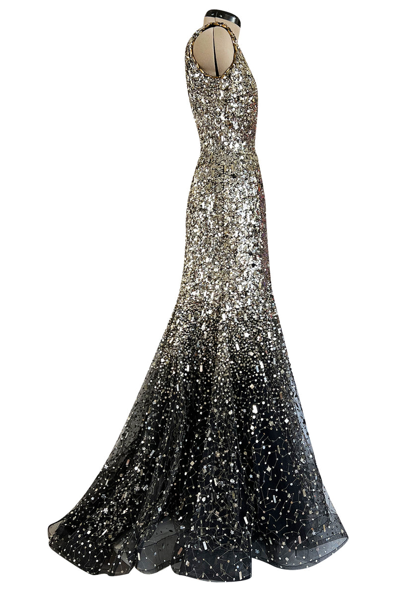 oscar de la renta beaded dress Oscar de la Renta Floral Bead Embroidered Long-Sleeve Sheer Gown