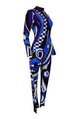 Rare 1970s Emilio Pucci Blue Print Velvet Stretch Catsuit w Stirrups