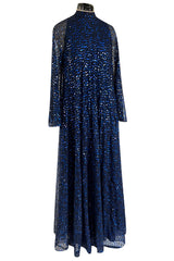 Incredible 1970-1972 Mollie Parnis Blue Sequin on Silk Chiffon Caftan Dress w Wide Sleeves