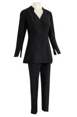 Spring 2000 Chanel Haute Couture Black Silk Taffeta Sculpted Jacket & Tapered Pant Suit Set