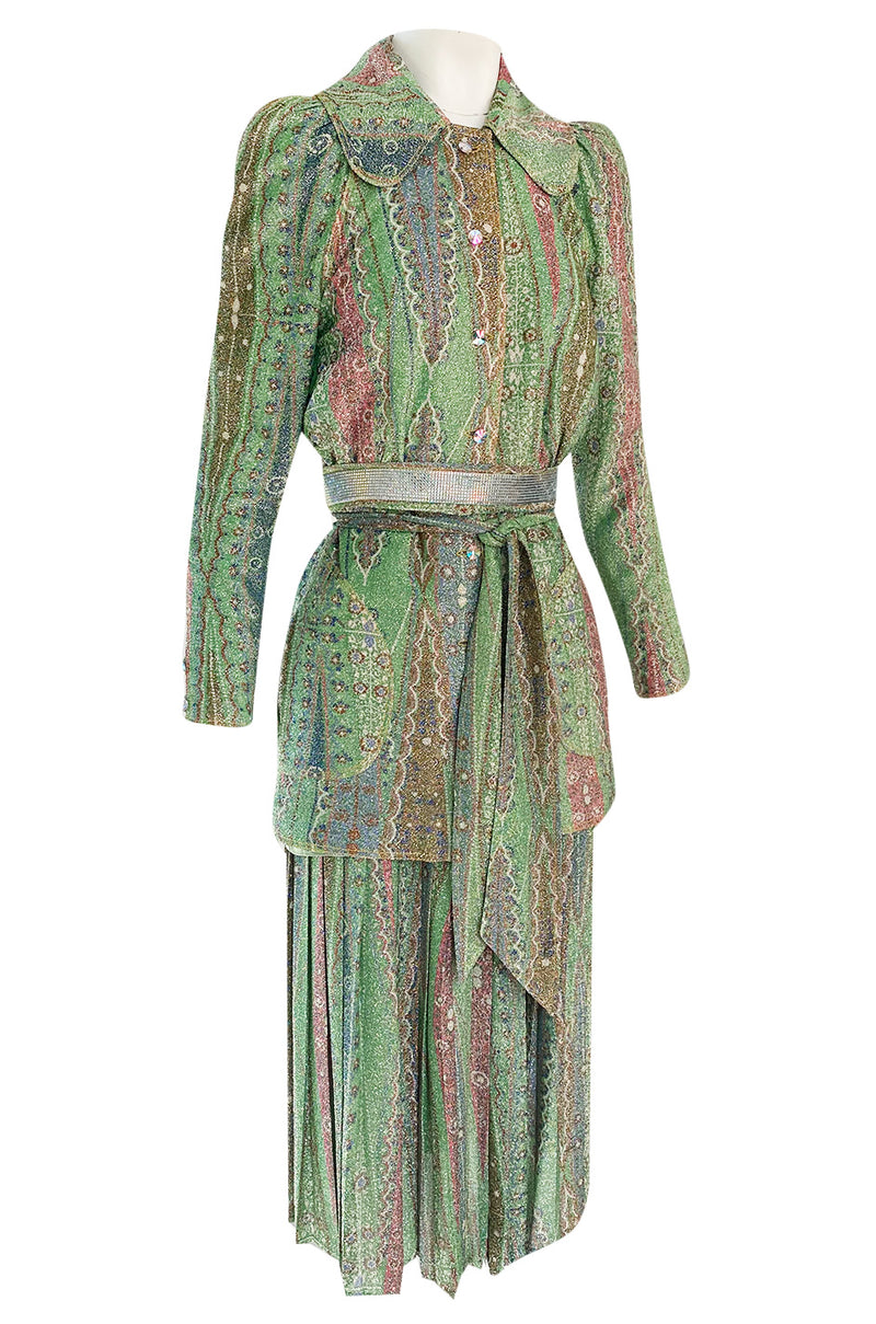 Rare 1973 Bill Gibb Museum Documented Metallic Green Lurex Skirt Top and Jacket Set