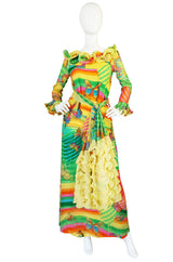c1965-67 Hanae Mori Butterfly Print Ruffled Silk Dress & Shawl