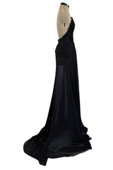 Incredible 2006-2007 Roberto Cavalli Black Silk Extreme Plunge Dress w Trained Silk Chiffon Skirts