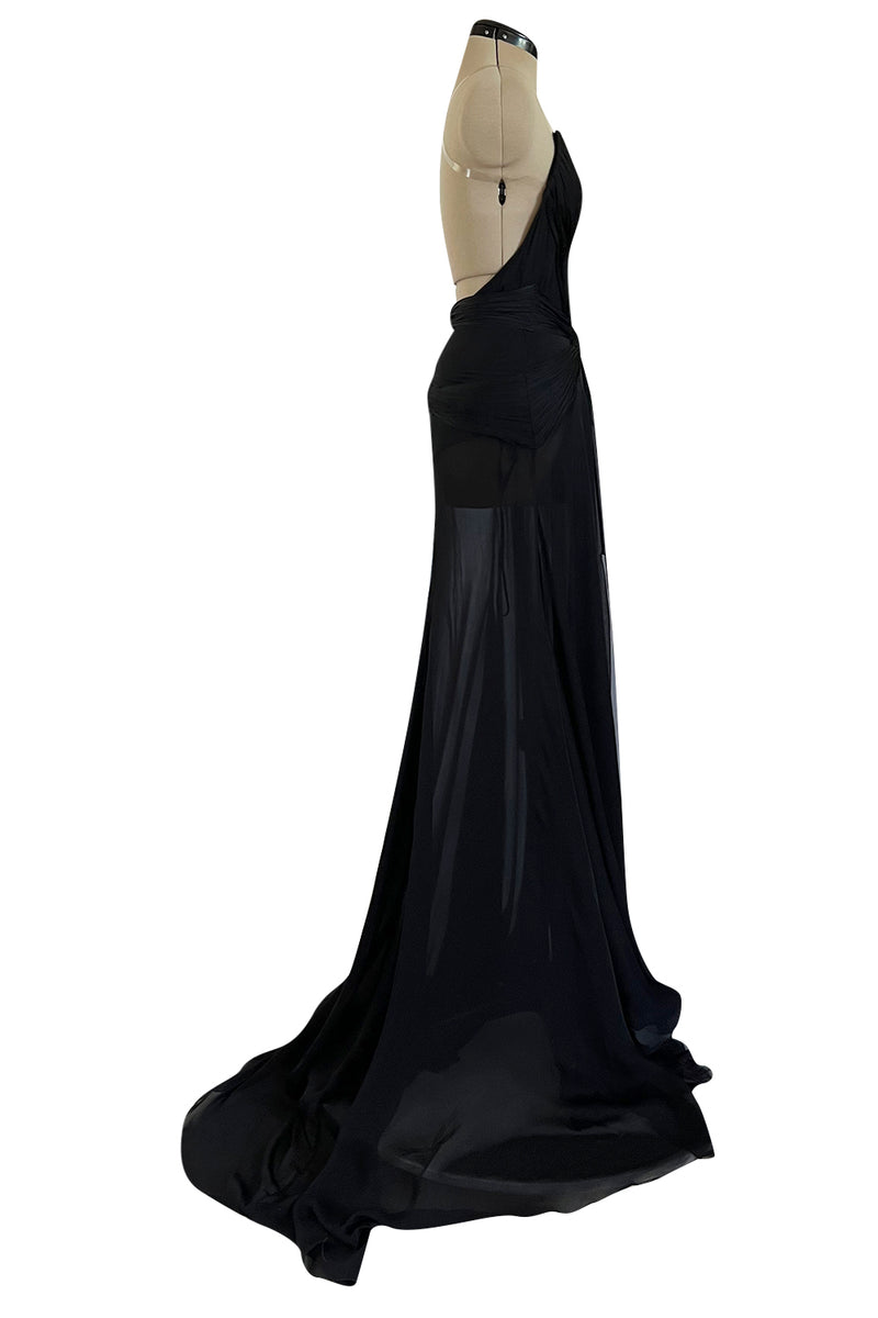 Incredible 2006-2007 Roberto Cavalli Black Silk Extreme Plunge Dress w Trained Silk Chiffon Skirts