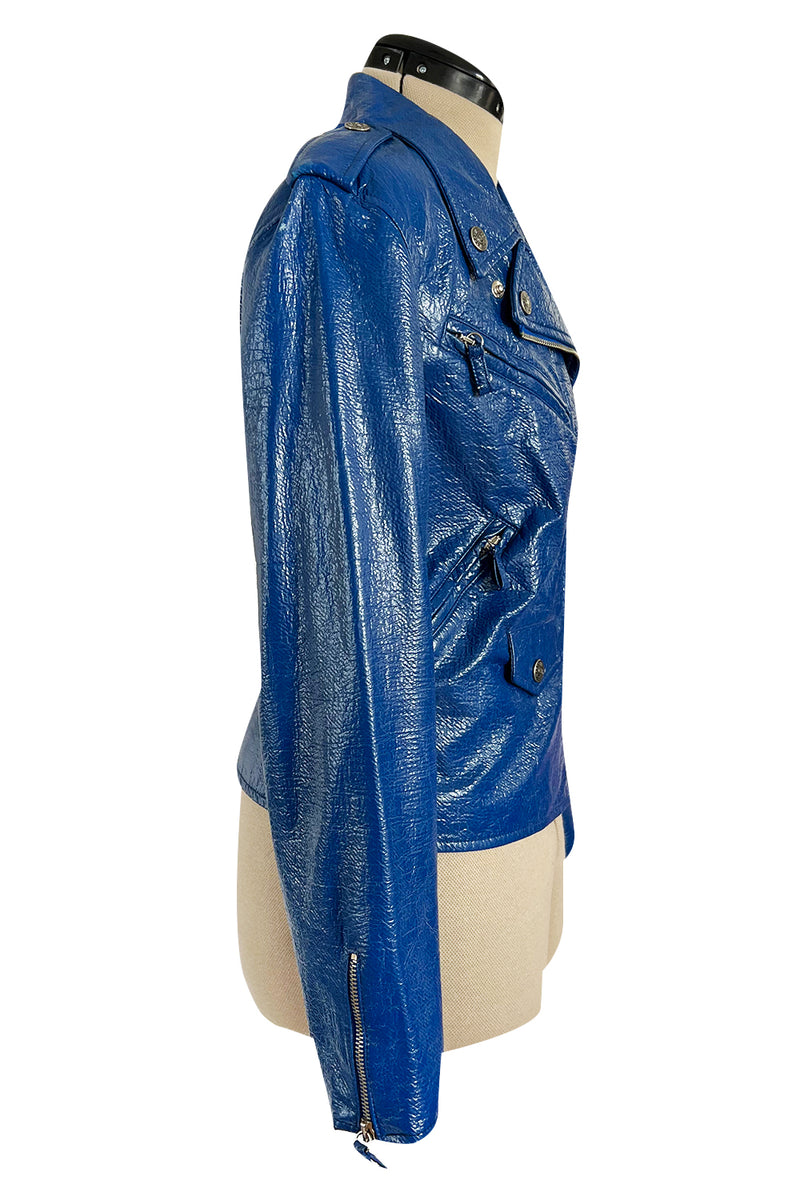 Fantastic 1990s Moschino Jeans Bright Blue Patent Faux Leather Motorcycle Jacket
