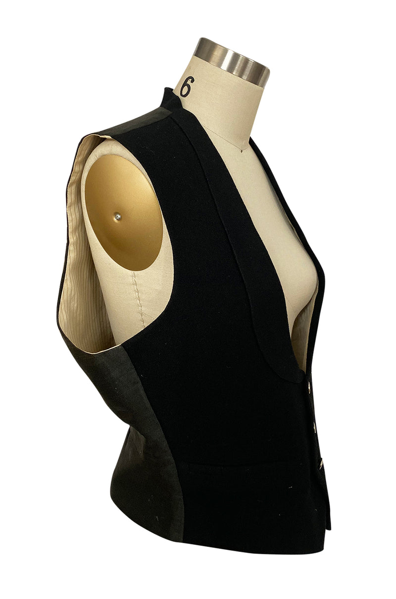 Dated 1920 Mens Black Worsted Wool & Silk Back & Interior Vest