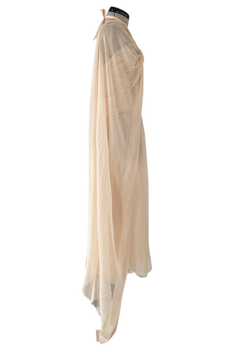 Incredible Spring 1985 Chanel by Karl Lagerfeld Pale Nude Silk Chiffon Dress w Attached Cape