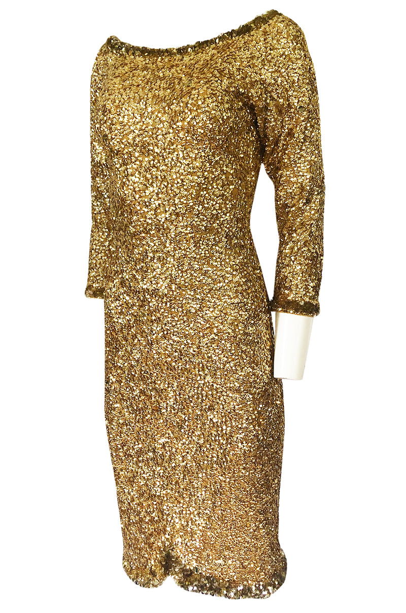 1960s Gene Shelly Gold Sequin w Paillette Detailing Stretch Knit Dress