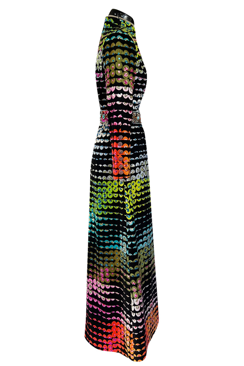 Amazing 1970s Unlabeled Valentina Inc. Rainbow Colored Elaborate Sequin & Bead Detailed Dress