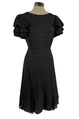 Spring 1980 Valentino Haute Couture Black Floral Silk Dress w Ruffle Sleeves & Pleated Skirt