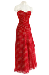 Important Spring 1986 Valentino Haute Couture Red & White Dot Strapless Silk Chiffon Dress