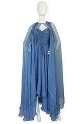 Spring 1990 Oscar de la Renta Ice Blue Silk Chiffon Dress & Cape