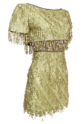 1991 Bob Mackie Gold Sequin Dangle Thread on Metallic Lace Mini Dress