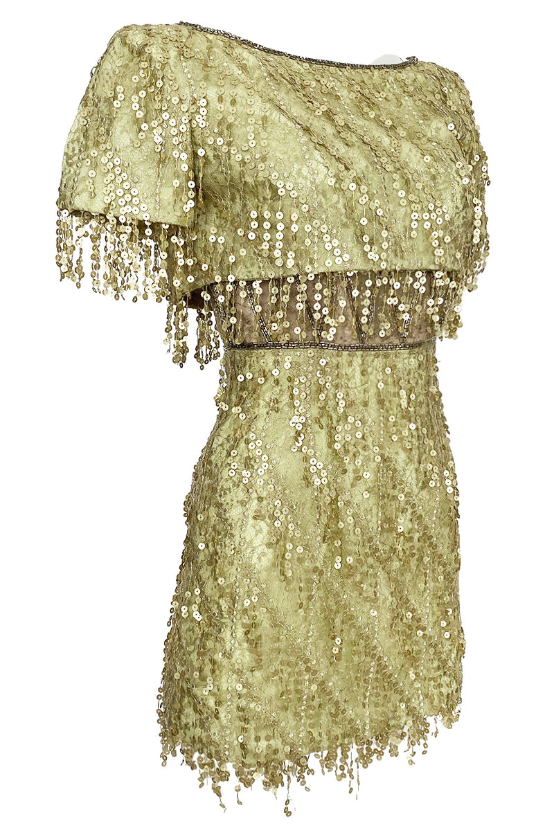 1991 Bob Mackie Gold Sequin Dangle Thread on Metallic Lace Mini Dress