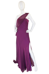 1990s Ben de Lisi One Shoulder Aubergine Silk Chiffon Dress