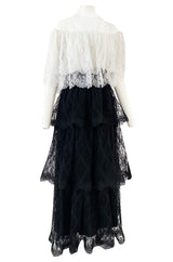 Prettiest 1970s Alfred Bosand Black & White Lace Tiered Off Shoulder Full Length Dress