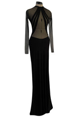 Spectacular 2005 John Anthony Couture Black Stretch Jersey Dress w Curved Netted Cut Outs