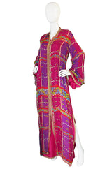 1960s Vivid Pink Silk and Gold Braid Rainbow Caftan